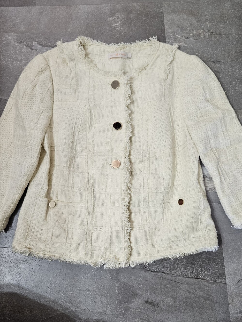 Tory Burch Textured Cropped Blazer. Linen Blend. 3/4 Sleeves. Light Yellow. 8 US